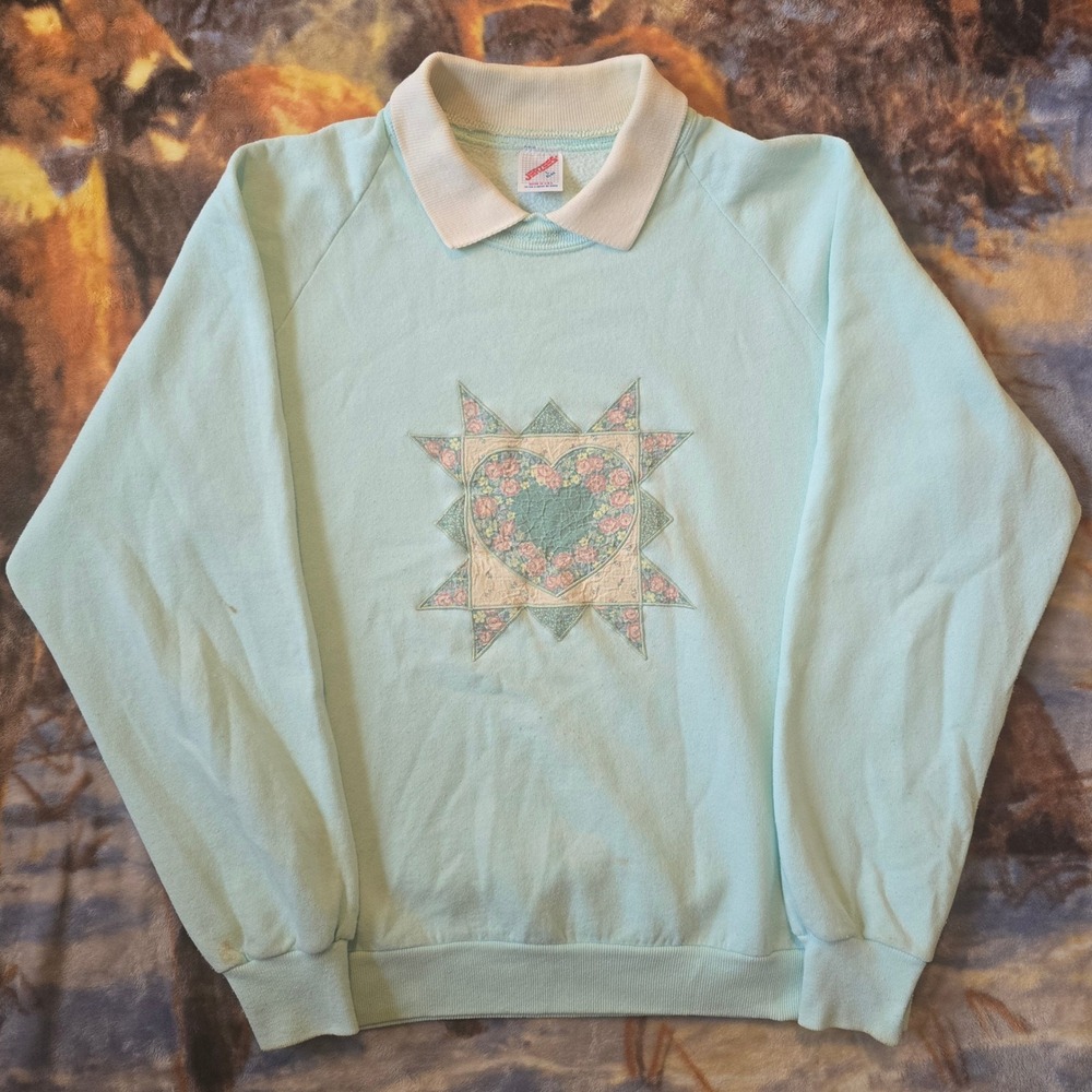 Jerzees Grandmacore Cottage Point Collar Quilted Blue Vintage Crewneck sz Large